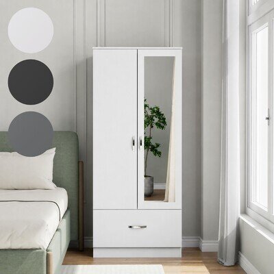 Wooden 2 Door Wardrobe with Mirror Drawer Wardrobe Bedroom Storage Furniture