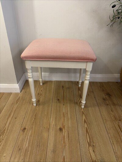 White Wooden Upholstered Vanity Stool Dressing Table Seat Pink Fabric 48cm Tall