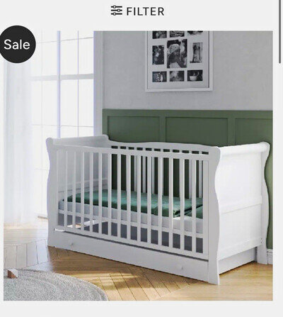 tranquilobebe Lydford Sleigh Cot Bed with Underdrawer, White Wood Unisex- Boxed
