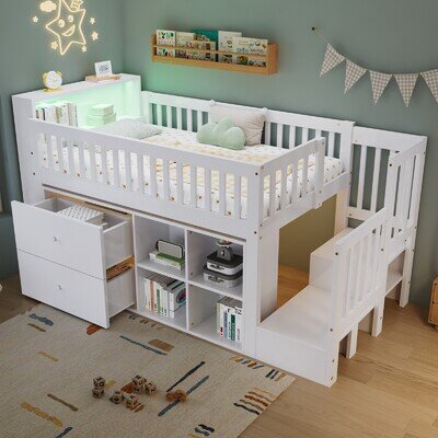 Kids Mid Sleeper Bed with Storage & Shelf, 3FT Children's Wooden Cabin Bed Frame