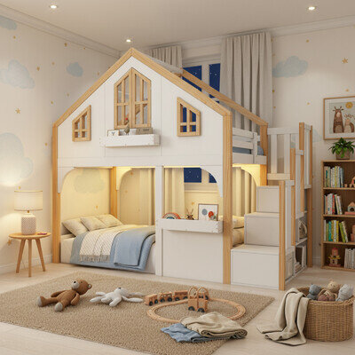 3FT Wooden House Bunk Bed LED Storage Stairs Childrens Loft Bed White Natural
