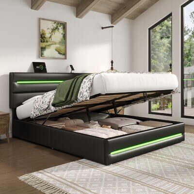 4ft6 Double Ottoman Upholstered Bed Frame with Hydraulic Storage & RGB LED Light
