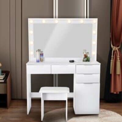 White Dressing Table Set Makeup Table Drawers LED Lights Mirror Cushioned Hykabe