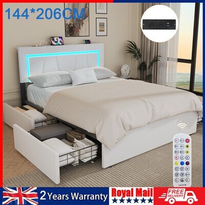 NEW STORAGE UPHOLSTERED BED FRAME 4FT6 DOUBLE WITH USB PORT & LED LIGHT,4 DRAWER
