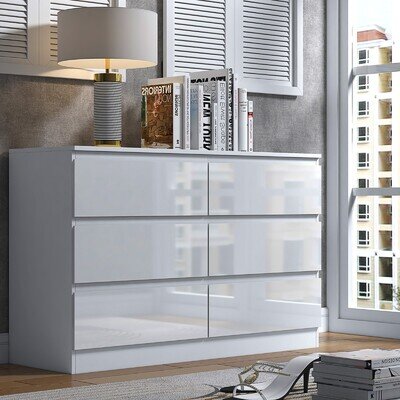 6 Drawer Chest Of Drawers High Gloss White Large Storage Bedroom Furniture
