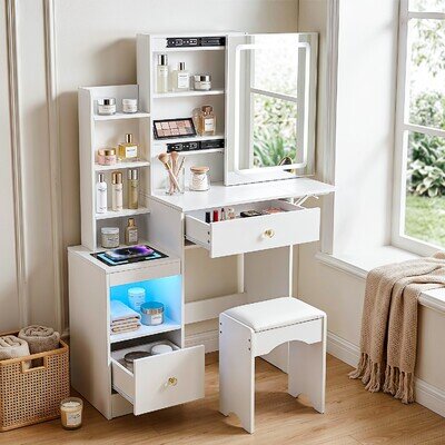 Dressing Table With Drawers Mirror Stool Wireless Charging Set Makeup Vanity Dgt