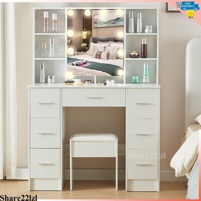 White LED Dressing Mirror Makeup Table with Stool Drawer Vanity Unit Set Bedroom