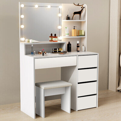 Dressing Table Vanity Makeup Desk Set with LED bulbs Mirror and Stool 5 Drawers