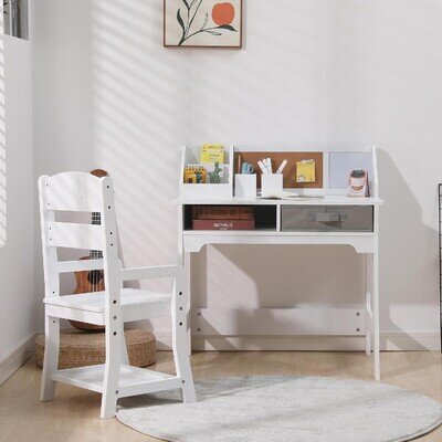 Childrens Wooden Study Desk Table Chair Set Height Adjustable Storage Unit Art
