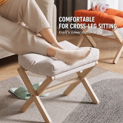 Foldable Bamboo Vanity Stool Padded Footrest Makeup Seat Wooden Ottoman Chair