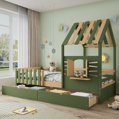 Junior Wooden House Bed Toddler Children Kids Bed Frame with 3 Storage Drawers