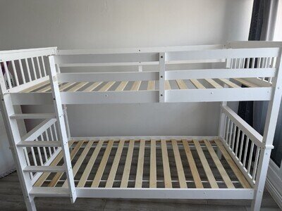 Children’s White Painted Wooden Bunk Bed Frame Single with Ladder & Slats