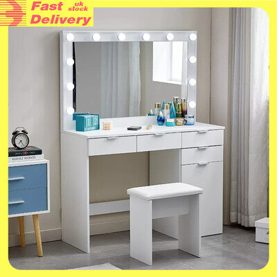 Modern Dressing Table with LED Lights Mirror Stool Drawers Vanity Makeup Desk Rz
