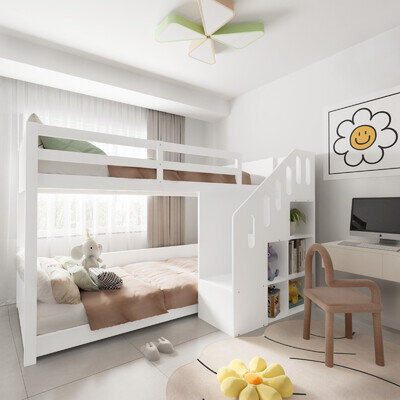 White Childrens Bunk Bed 3ft Single with Stairs Storage Cabinets Kids Bedroom
