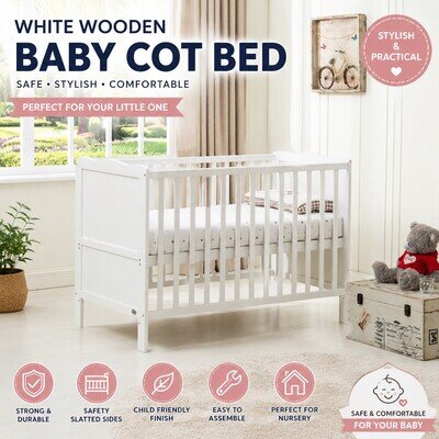 White Wooden Baby Cot Bed Nursery Crib with Slatted Sides – Infant Toddler Cot