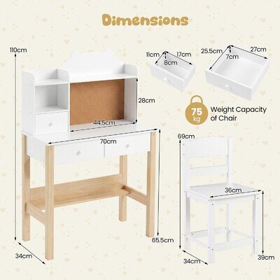 Desk and Chair Set Wooden Children Study Table w/Storage Kids White