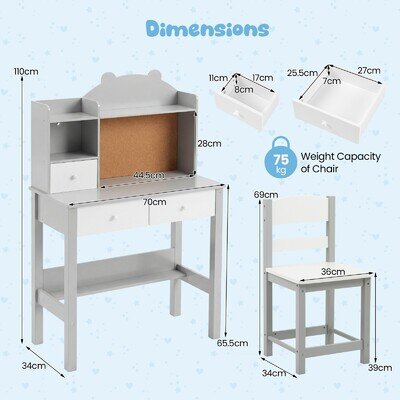 Desk and Chair Set Wooden Children Study Table w/Storage Kids Grey