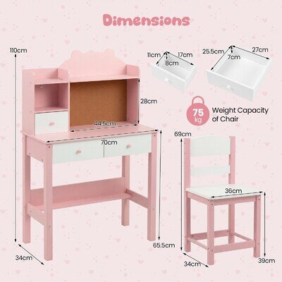 Desk and Chair Set Wooden Children Study Table w/Storage Kids Pink