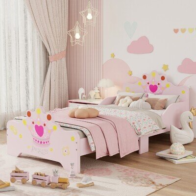 Kids Toddler Bed Princess Crown Theme Safety Side Rails Slats Home 143 x