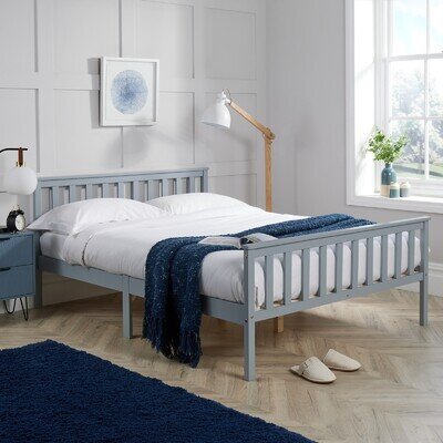 Grey Small Double Bed 4ft Pine Wooden Bedroom High End Slatted Base Painted