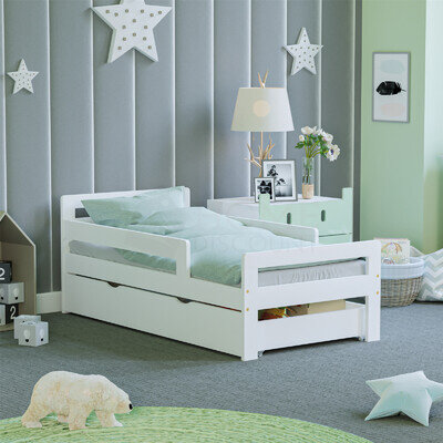 White Wood Bed Frame Toddler Childrens Kids Junior Bedroom Bedframe With Storage
