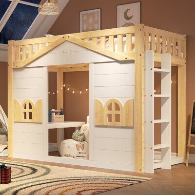 Wooden House Bunk Bed 3FT Single Loft Childrens Bed Frame Window White Natural