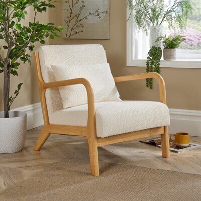 Boucle Wooden Armchair Teddy Fur Cream Modern Home Chair Furniture Seating