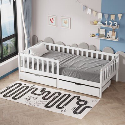 Junior Wooden Bed Toddler Pine Wood Children's Kids Bed Frame & Storage White