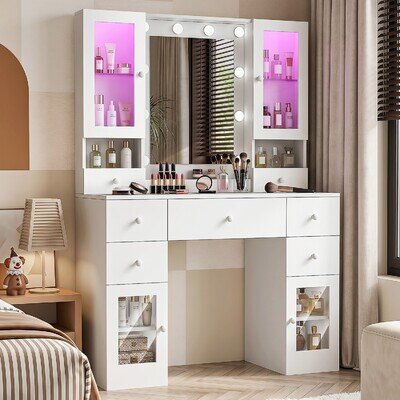Dressing Table with 7 Drawers 4 Door & Charging Socket Makeup Desk Vanity Rfuali