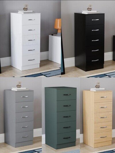 Modern Riano Wooden 5 Drawer Narrow Chest of Drawers Storage Cabinet Furniture