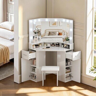 Dressing Table Corner Vanity Makeup Desk Stool Mirror Drawers Bedroom White Home