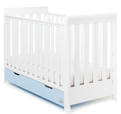 Obaby Stamford Mini Sleigh Cot Bed - White with Bonbon Blue