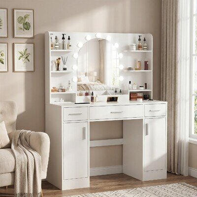 Dressing Table w/ Hollywood Bulb & 3 Drawer & Charging Socket Vanity Makeup Luwj