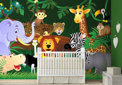 Children's bedroom Theme Wallpaper 368x254cm green jungle cartoon animals decor