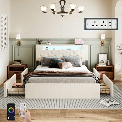 STORAGE UPHOLSTERED BED FRAME 4FT6 DOUBLE WITH CHARGING PORT & LIGHT & SPEAKER