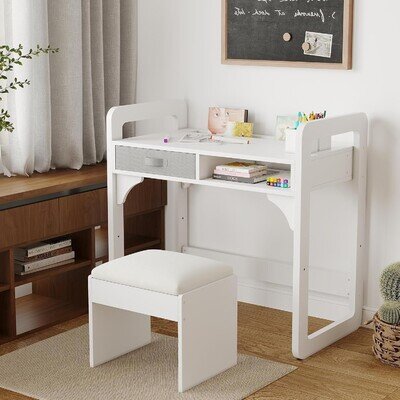 White Kids Desk and Chair Set Wooden Children Study Table with Storage Drawer