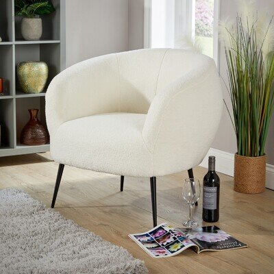 White Round Accent Chair Faux Fur Plush Seating Boucle Teddy Fur Black Metal Leg