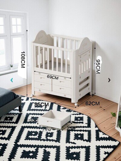 Premium Baby Toddler Cot Bed Nursery with Wheels & 4 Drawer Durable 85x62x108cm