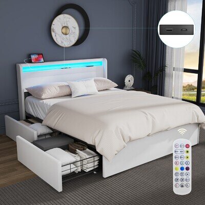NEW STORAGE UPHOLSTERED BED FRAME 4FT6 DOUBLE WITH USB PORT & LED LIGHT,4 DRAWER
