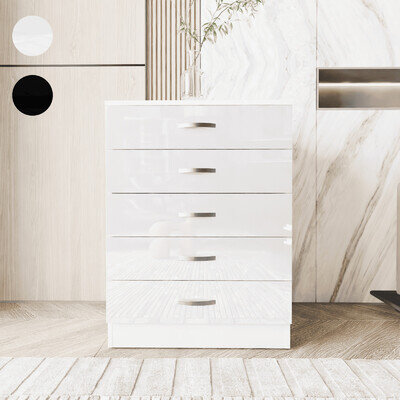 High Gloss Chest of Drawers Tall Wide 5 Drawer Bedroom Furniture Cabinet