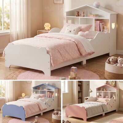 TOTO Wooden Toddler Bed w/ Integrated Bookshelf Storage Junior Kids Bed Frame