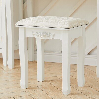 White Wooden Upholstered Makeup Stool Soft Padded Seat for Bedroom Dressing Room
