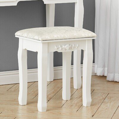 White Dressing Table Stool Vanity Makeup Chair Soft Padded Seat with Wooden Legs