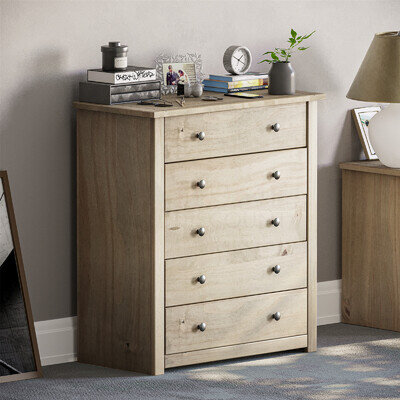 5 Drawer Chest of Drawers Solid Pine Wood Waxed Storage Bedroom Furniture