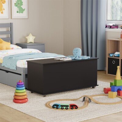 Toy Chest Box Large Wooden Storage Blanket Lid Black Childrens Kids Tidy Bin