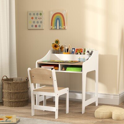 Kids Desk and Chair Set, Children Study Table with Storage for 3-8 Year, Natural