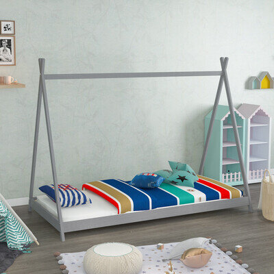 Kids House Bed Frame Single Bed Solid Wooden Canopy Toddler Child Floor Bedframe