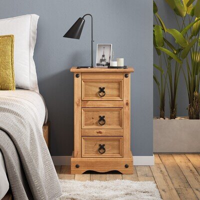 Corona Bedside Cabinet 3 Drawer Table Solid Mexican Pine Wood Bedroom Wooden