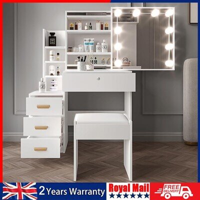 Dressing Table With Drawers Mirror Stool Set Makeup Desk Vanity Table Bedroom Js