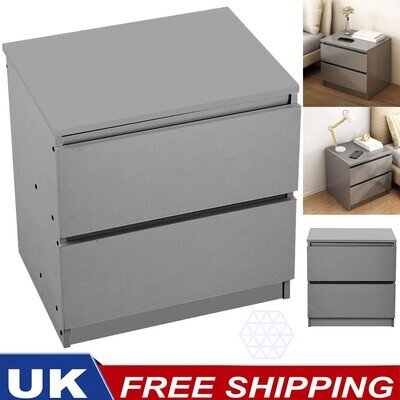 Grey Wooden Bedside Table Cabinet 2 Drawers Nightstand Bedroom Storage Furniture